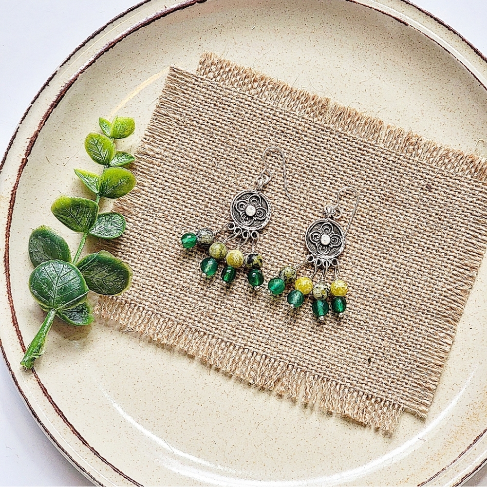 ARTISAN BOHO SILVER & GREEN GEMSTONE EARRINGS